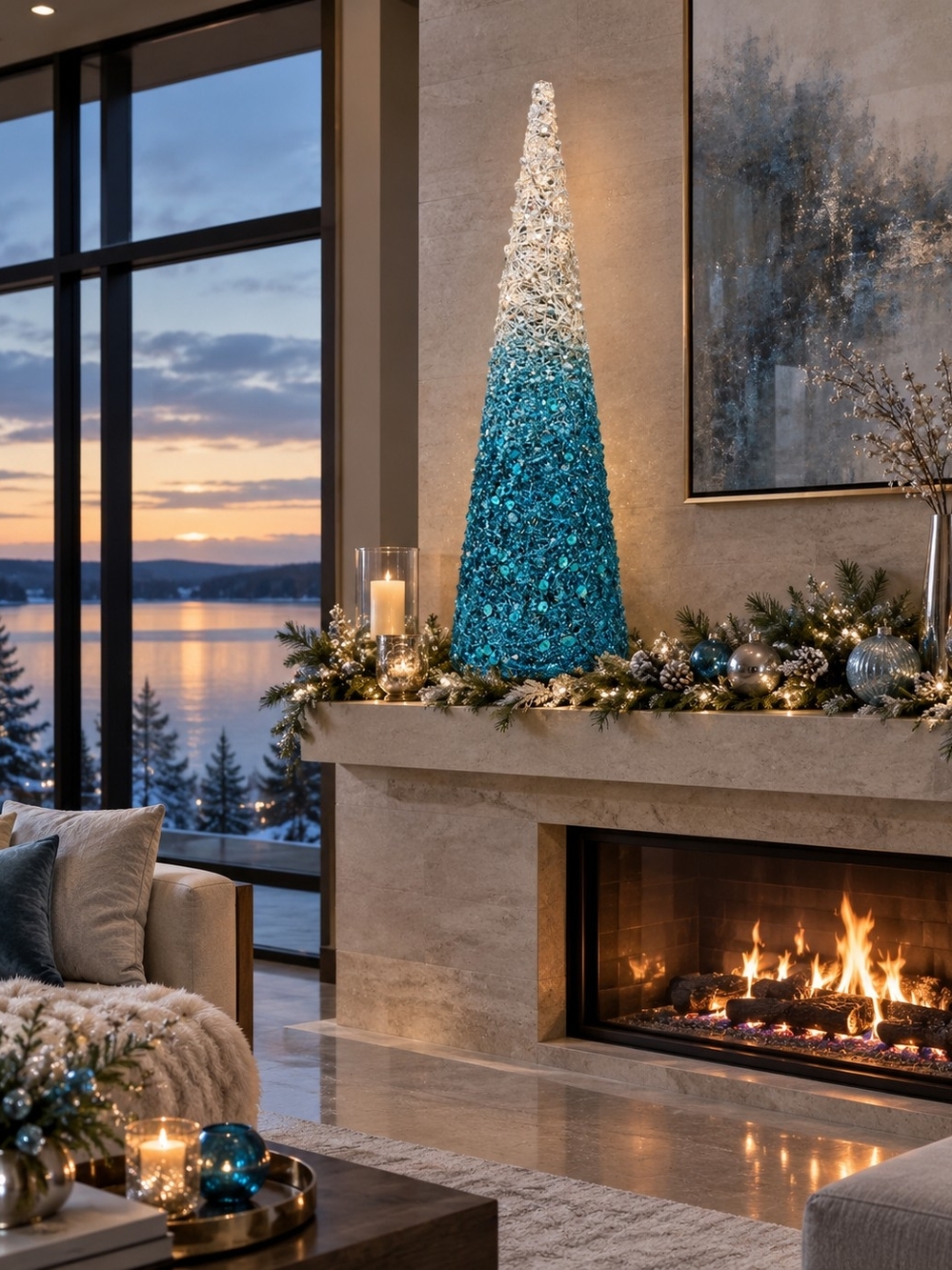 Coastal Blue Ombre Holiday Cone Tree - Elegant Tabletop Decor